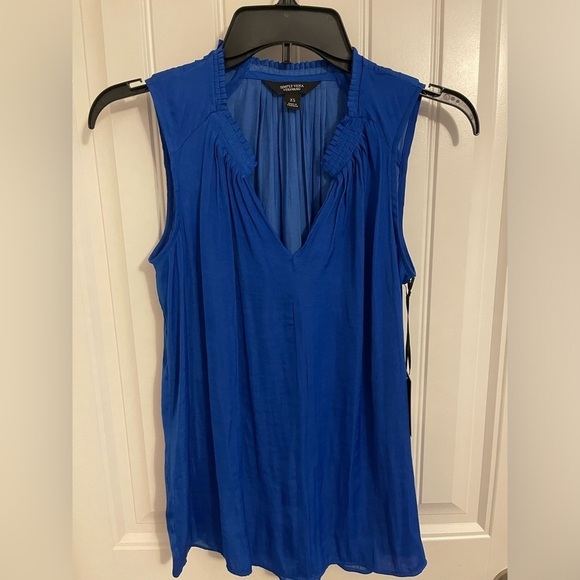 SLEEVELESS V-NECK SIMPLY VERA VERAWANG XS BLOUSE GORGEOUS BLUE GATHERING ACCENTS - Picture 1 of 13